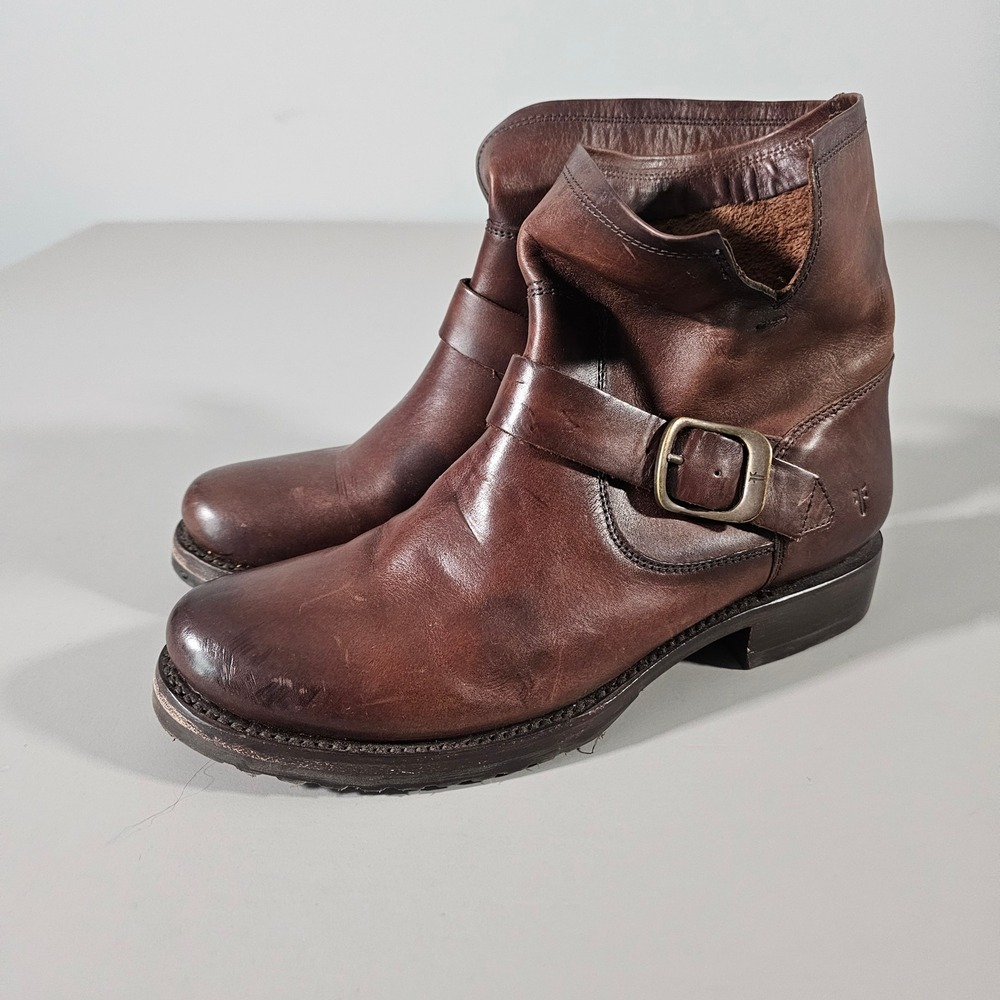 Frye Ankle Boots Women 9.5 Brown Leather Buckle Slouchy Engineer FR41088